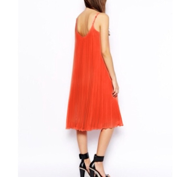 BCBGeneration Midi Pleat Scoop Neck Dress Adjustable Straps In Orange PreOwned - Picture 3 of 7